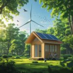 Eco-friendly tiny house in a lush green forest with solar panels and a wind turbine in the background.