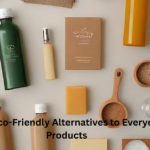Flat lay of eco-friendly household products like bamboo toothbrushes, beeswax wraps, and glass containers on a white background