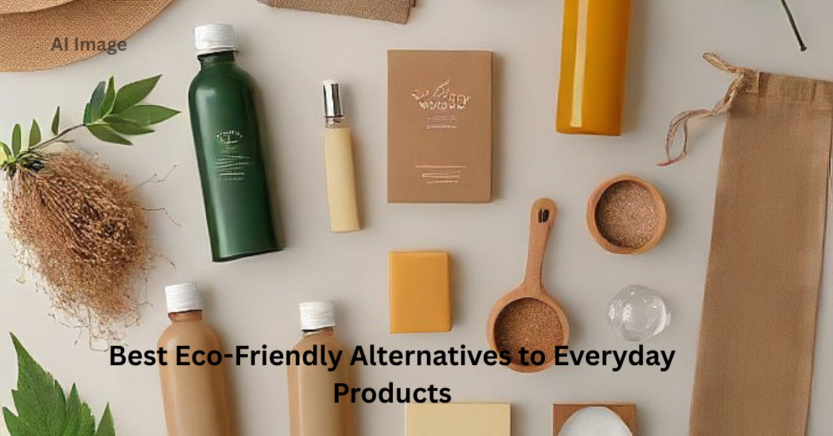 Flat lay of eco-friendly household products like bamboo toothbrushes, beeswax wraps, and glass containers on a white background