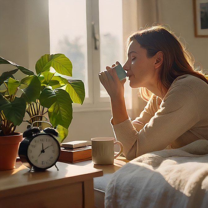 "A person enjoying a sustainable morning routine with a reusable mug, a wooden alarm clock, and eco-friendly essentials in a cozy, sunlit bedroom with green plants."